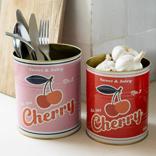 Beautiful pink and red Cherry Storage Tins styled in the kitchen.