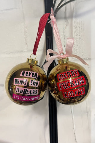 Set of 2 Gold Rock & Roll Inspired Baubles displayed against a white background.