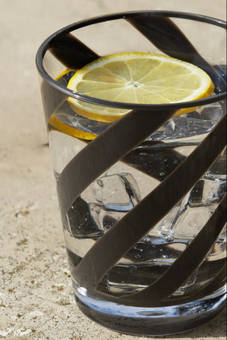 Close up of the brown spirals on the water glass. The brown spirals are thick and go down in a diagonal pattern.