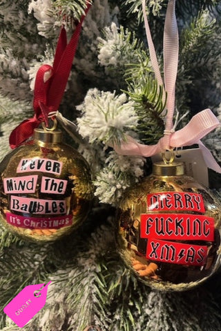 Lifestyle image of Set of 2 Gold Rock & Roll Inspired Baubles styled on a Christmas tree.