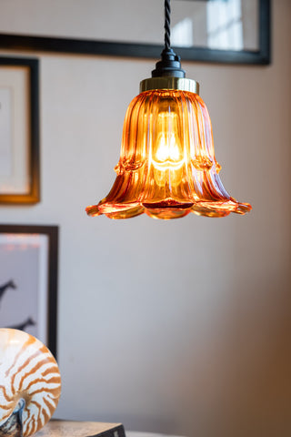 The Amber Vintage-Style Glass Easyfit Ceiling Light Shade hanging in front of a wall with artwork on, above a shell ornament.