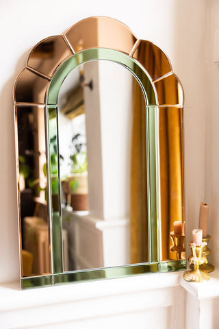 Lifestyle image of the Art Deco Inspired Pretty Pink & Green Mirror