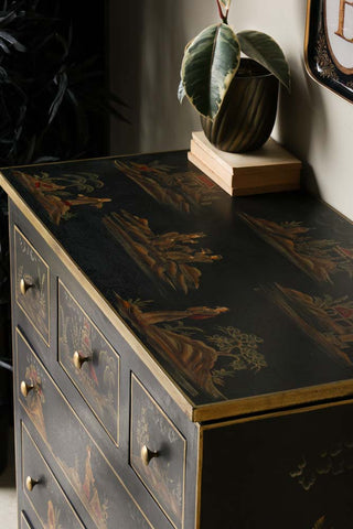 Close-up image of the Black Chinoiserie-style Deco 6 Drawer Chest