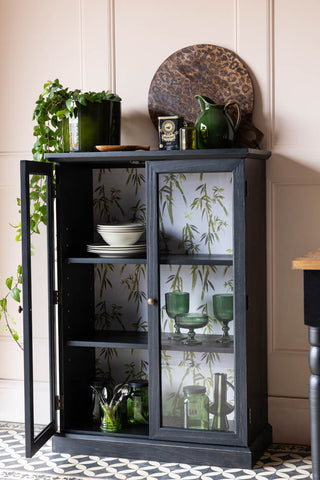 Image of the Black Display Cabinet with Bamboo Print Lining
