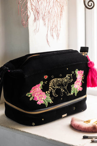 Image of the Black Embroidered Tiger Velvet Wash Bag