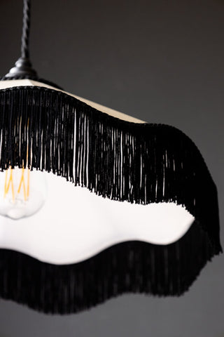 Image of the Black & Cream Tassel Ceiling Light Shade Showing the underneath section of the shade