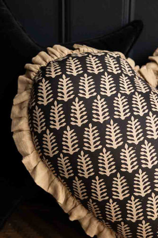 Detail image of the Black & Natural Leaf Ruffle Heart Cushion