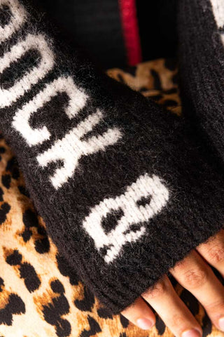 Close-up od the Black & White Rock 'N' Roll Handwarmers worn by a model.