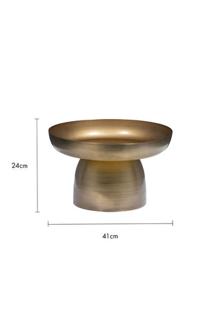 Cutout image of the Brass Metal Footed Bowl on a white background with dimension details. 