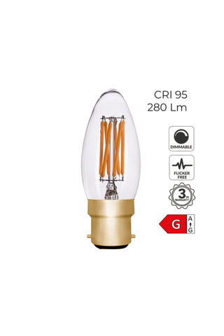 Cutout image of the Candle B22 4W Clear LED Light Bulb on a white background with additional information about the product. 