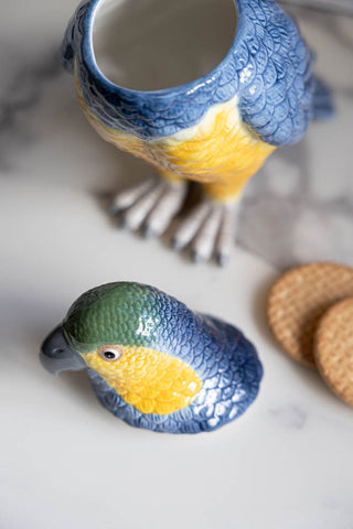 Image of the Ceramic Parrot Storage Jar with the lid off