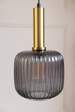 Close-up image of the Charcoal Ribbed Glass & Gold Ceiling Light