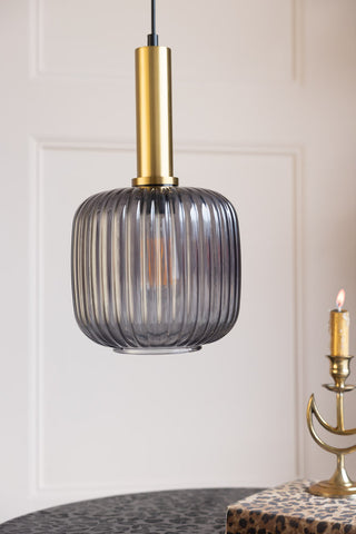 Detail image of the Charcoal Ribbed Glass & Gold Ceiling Light