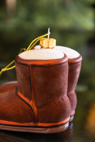 Close-up image of the Cosy Winter Boots Glass Christmas Tree Decoration