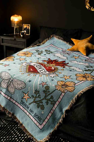 Denim & Bone Blue Loved Woven Cotton Throw on bed