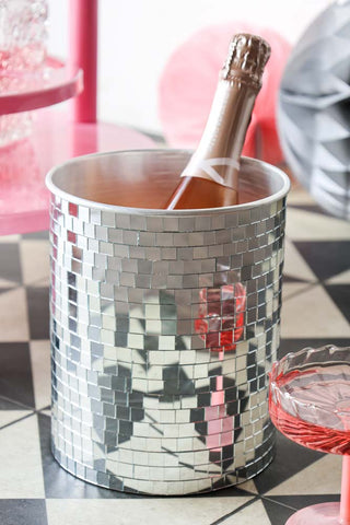 Lifestyle image of the Disco Ball Wine Cooler In Silver