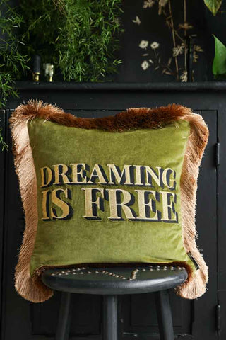 Lifestyle image of the Dreaming Is Free Velvet Fringe Feather Filled Cushion