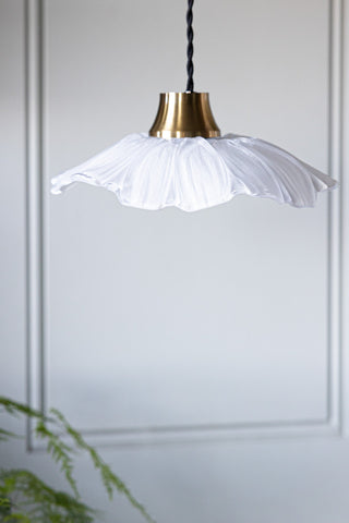 The Frosted Flower Daisy Glass Easyfit Ceiling Light Shade hanging in front of a white wall with a plant in the corner of the shot.