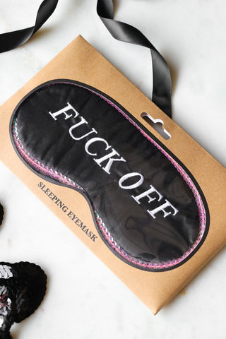 Image of the Fuck Off Black Satin Feel Sleep Mask in the packaging