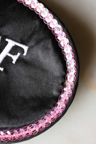Image of the sequins on the Fuck Off Black Satin Feel Sleep Mask