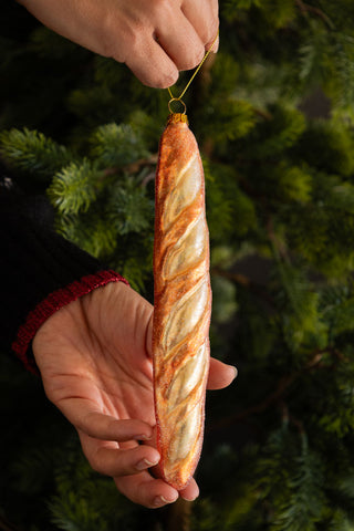 Lifestyle image of the Gold Baguette Glass Christmas Tree Decoration