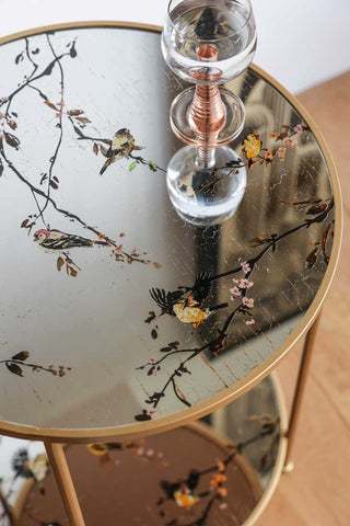 Detail image of the Gold Beautiful Birds Mirror Side Table.