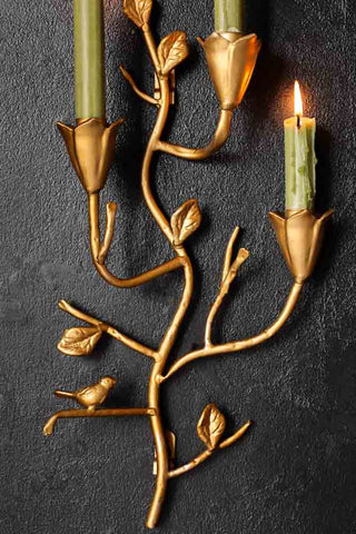 Close-up image of the Gold Branch & Flower Wall Candle Holder