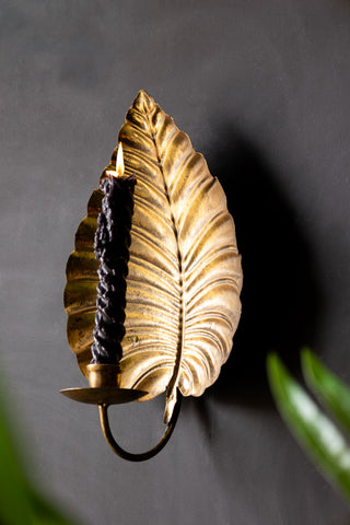 Lifestyle image of the Gold Effect Cheese Leaf Candle Wall Sconce