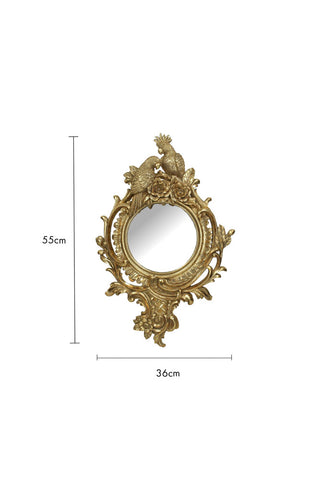Cutout image of the Gold Parrot Mirror on a white background with dimension details. 