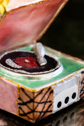 Close-up image of the Gramophone Glass Christmas Tree Decoration
