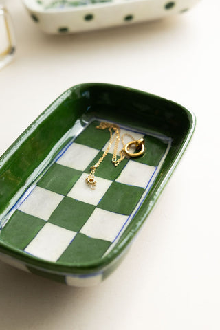 Detail image of the Green Checkered Ceramic Trinket Dish