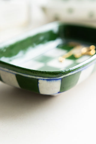 Image of the finish for the Green Checkered Ceramic Trinket Dish