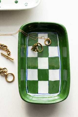 Lifestyle image of the Green Checkered Ceramic Trinket Dish