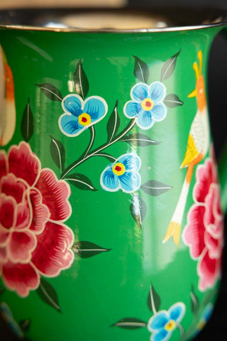 Close-up image of the Green Painted Bird Stainless Steel Jug