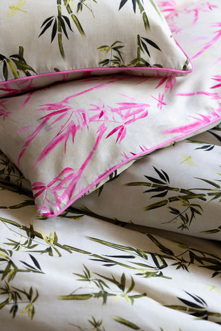 Close-up of the Green & Pink Bamboo Print Reversible Duvet Cover and Pillow Case Set.