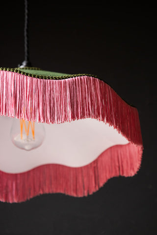 Image of the fringe on the Green & Pink Tassel Ceiling Light Shade showing the underneth section