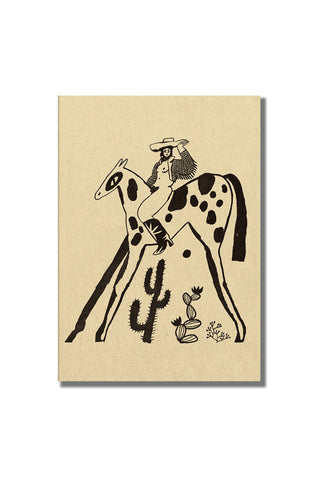 A illustrative art piece of a cowgirl in a cool fringed jacket with star boots sitting naked on a spotty horse. The art print is on a white background.