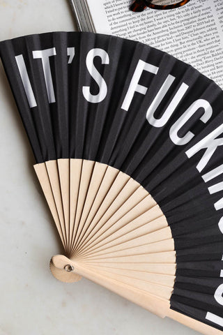 Close-up image of the It's Fucking Hot Wooden Fan