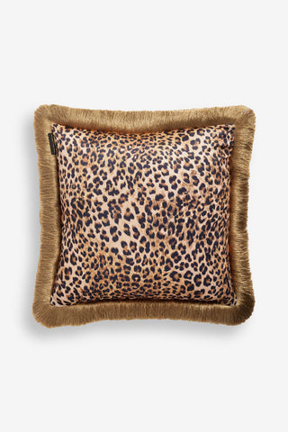 Image of the Leopard Love Velvet Fringe Feather Filled Cushion on a white background