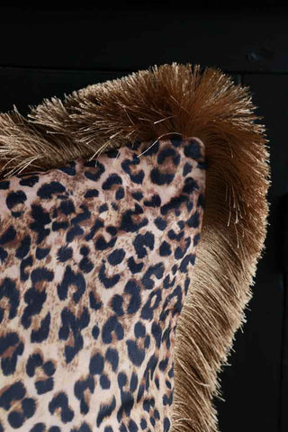 Detail image of the Leopard Love Velvet Fringe Feather Filled Cushion