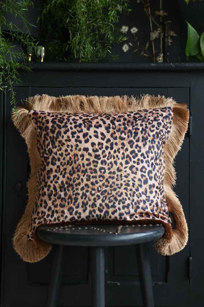 Leopard Love Velvet Fringe Feather Filled Cushion