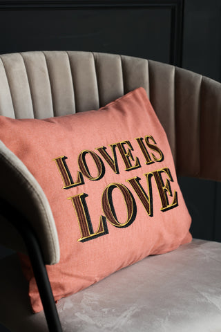 Side shot of the pink love is love embroidered cushion on a mink dining chair