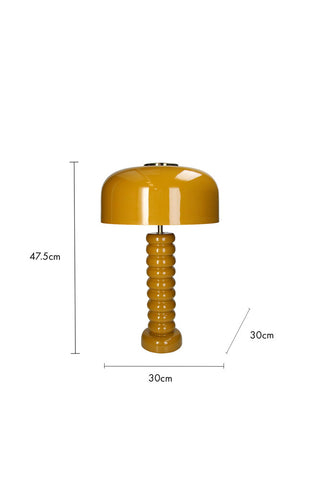 Cutout image of the Modern Metal Mustard Table Lamp on a white background with dimension details. 