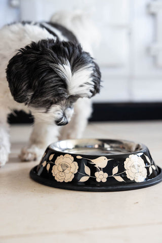Lifestyle image of the Monochrome Floral Stainless Steel Dog Bowl