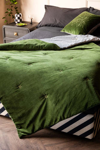 Monochrome Stripe & Green Velvet Reversible Quilt