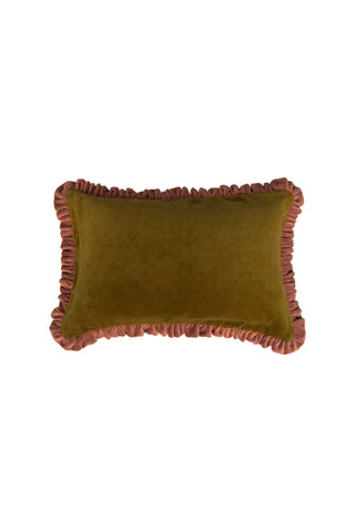 Image of the Moss Green Velvet Cushion With Pink Ruffle on a white background