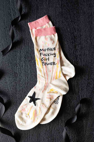 Lifestyle image of the Mother Fucking Girl Power Womens Crew Socks