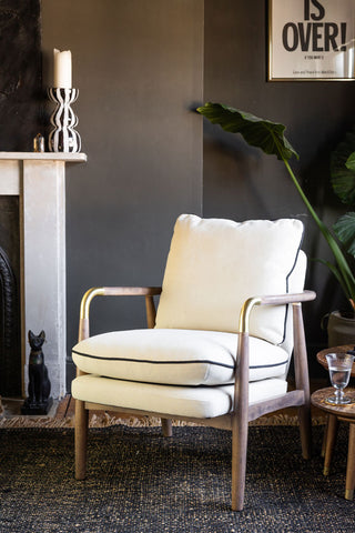 A natural armchair style in the corner of a room with a plant and various accessories,
