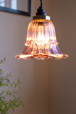 The Pale Pink Vintage-Style Glass Easyfit Ceiling Light Shade attached to a light fitting with the bulb inside switched on, styled with a plant and framed artwork.