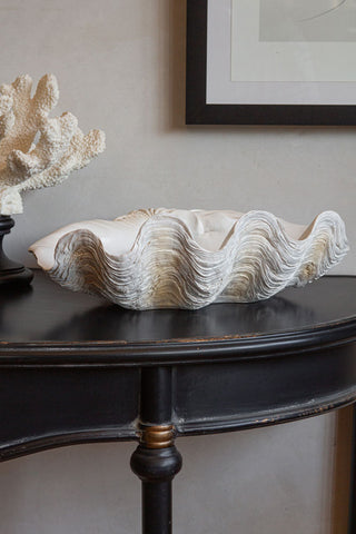 Lifestyle image of the Large White Clam Shell Display Dish displayed on a black table.